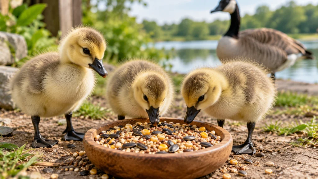 Baby geese eating bird seed beside a pond with an adult goose in the background