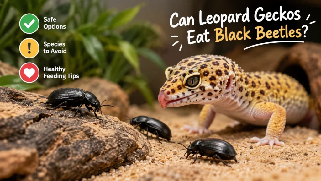 Leopard gecko near black beetles in a terrarium, illustrating whether black beetles are safe for leopard geckos to eat