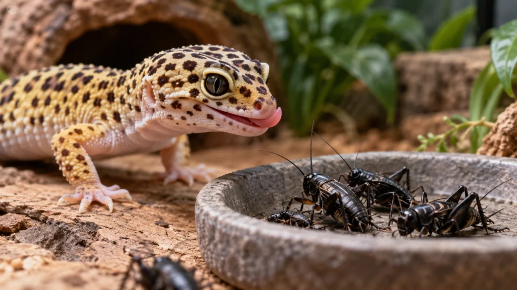 Leopard gecko approaching a dish of black crickets in a naturalistic terrarium