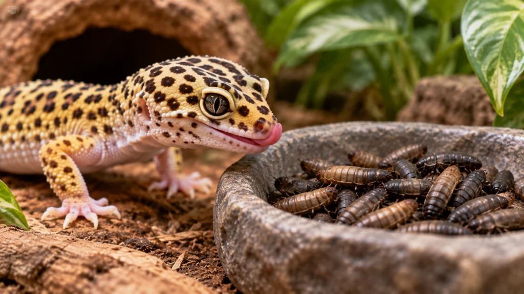 Leopard gecko approaching a dish of black soldier fly larvae in a naturalistic terrarium