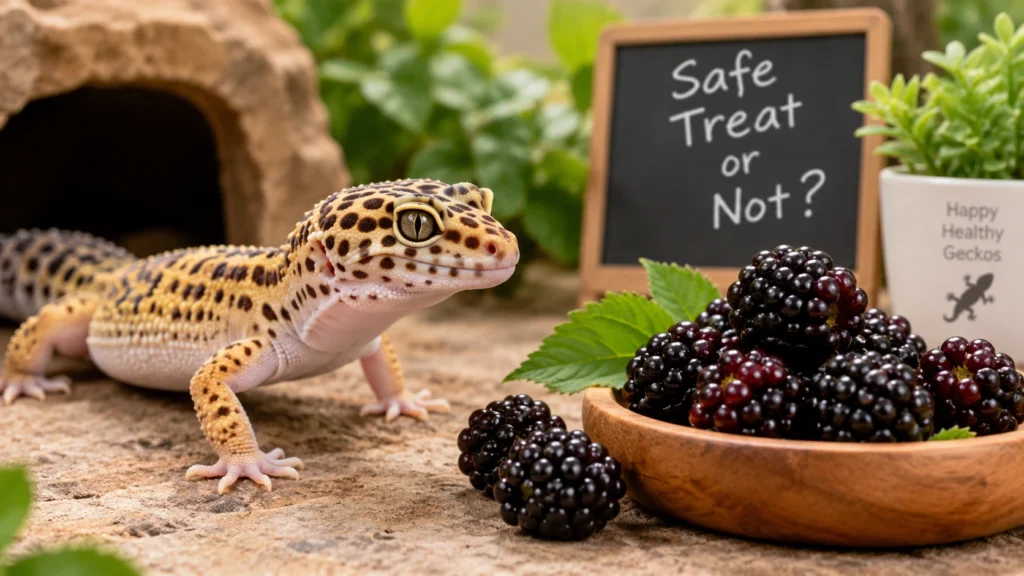 Leopard gecko looking at fresh blackberries in a terrarium