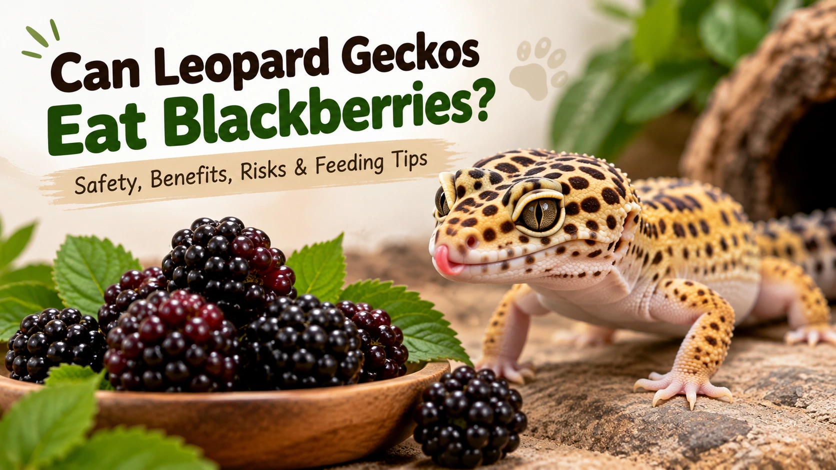 Can leopard geckos eat blackberries? A leopard gecko beside fresh blackberries