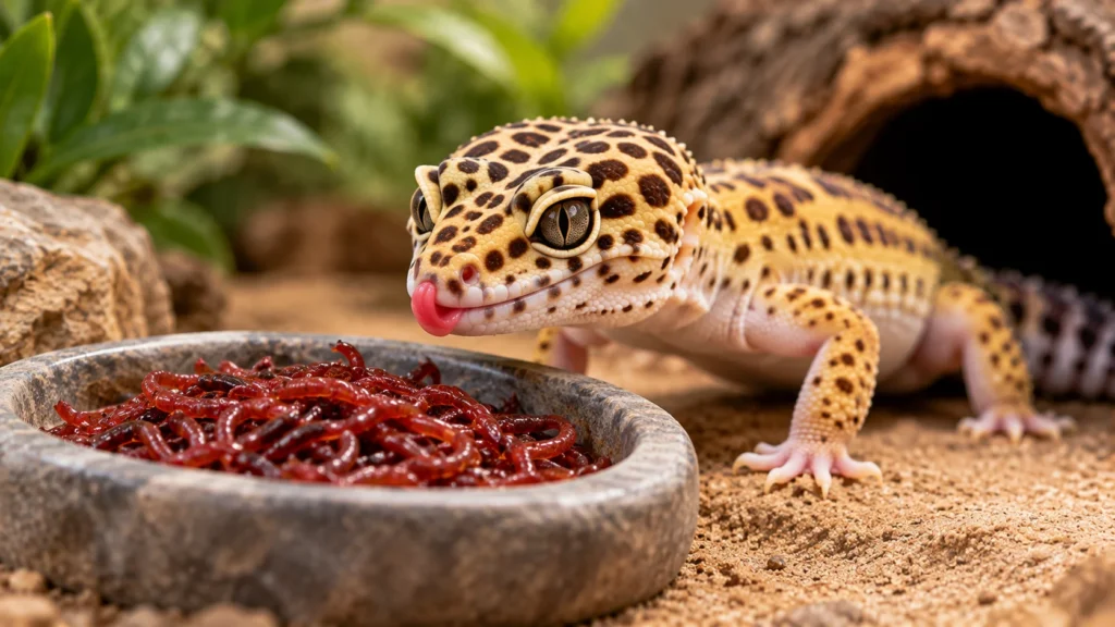 Leopard gecko looking at bloodworms in a feeding dish