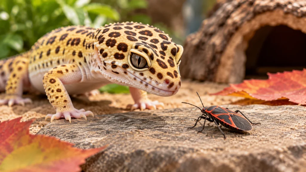 Leopard gecko looking at a box elder bug on a rock